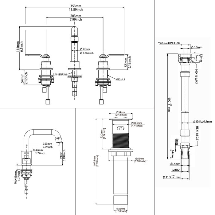 Parlos Home Widespread Faucet 2handle Bathroom Faucet with Drain